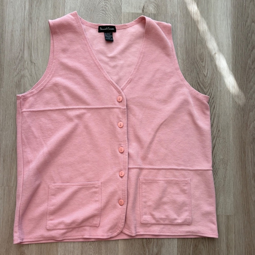 Daniel Caron Pink Knit Button Front Sweater Vest Pockets Large Vintage Office